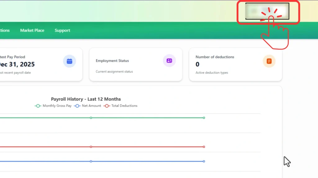 Profile pill menu displayed in the top-right corner of the dashboard
