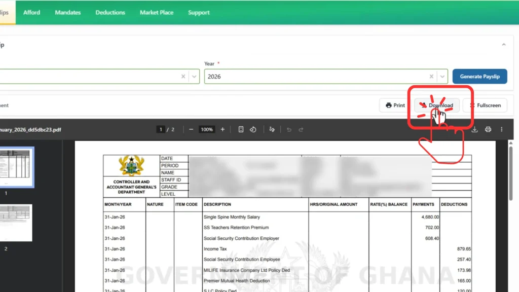 Click download PDF button for saving payslip on device.