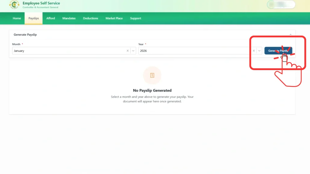Click generate button to display selected payslip.