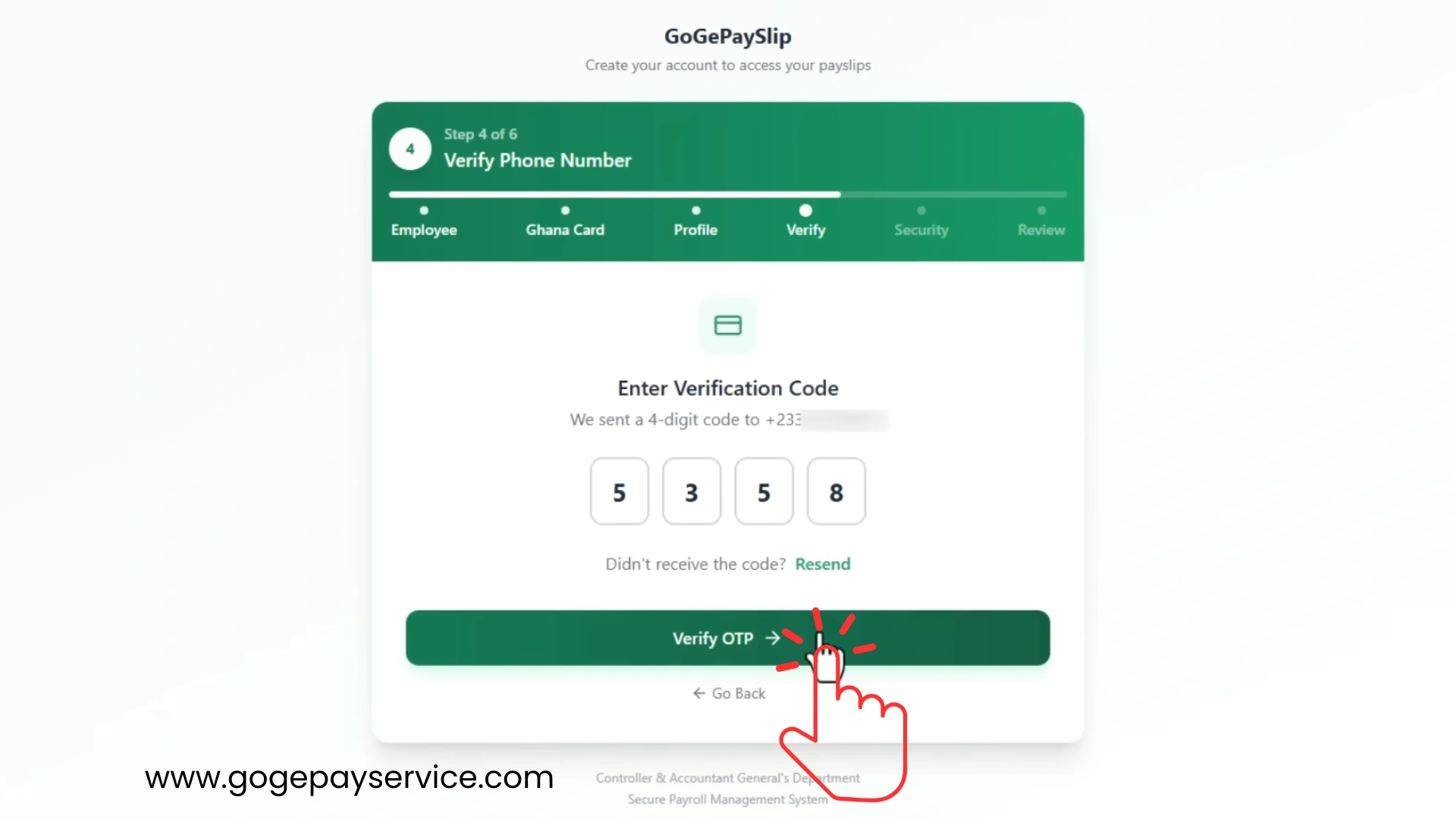 OTP verification screen where users enter the SMS verification code