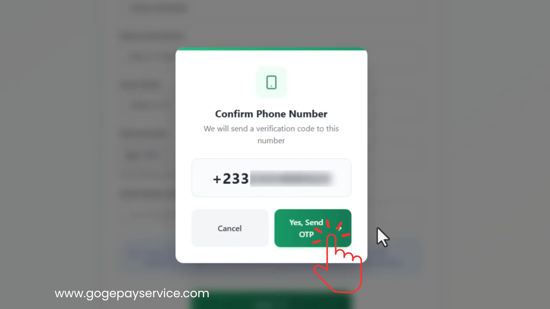EPay Service registration page requesting mobile number verification for OTP delivery