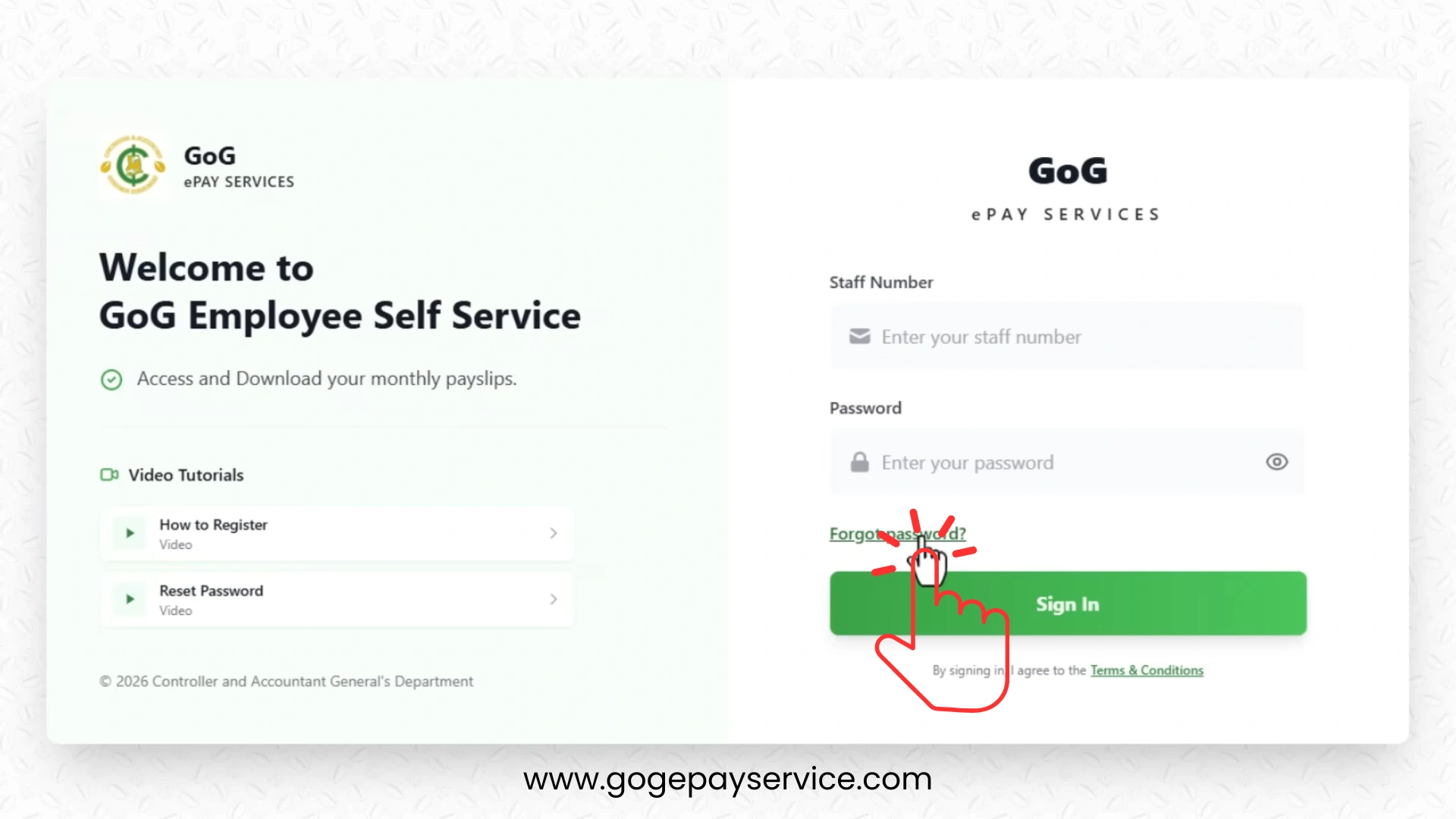 GoG EPayslip portal login page showing the Forgot Password option to start new account registration.