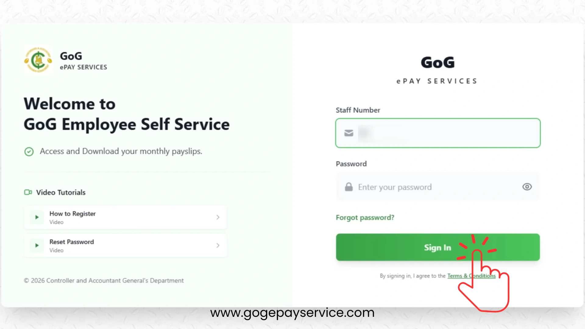 GoG EPayslip portal login page where registered users sign in using their employee number and password.