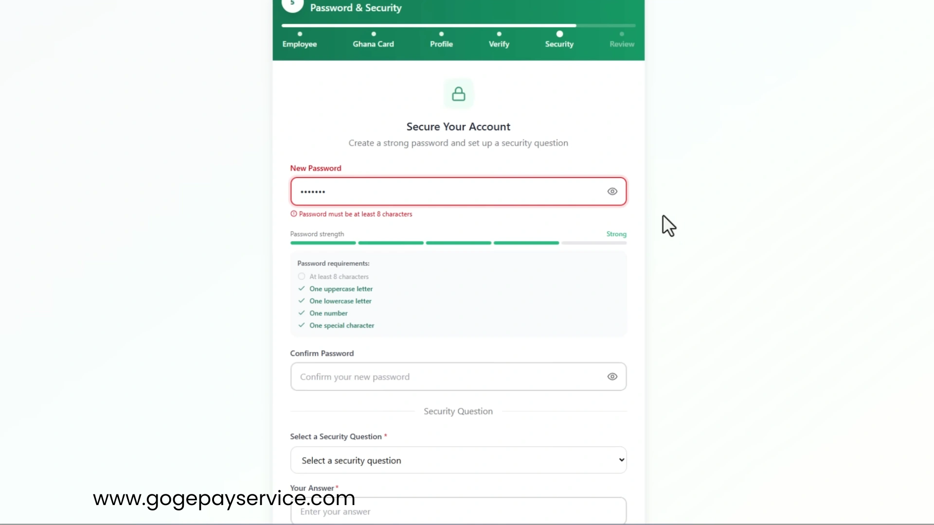 Registration form showing the password creation step for account security
