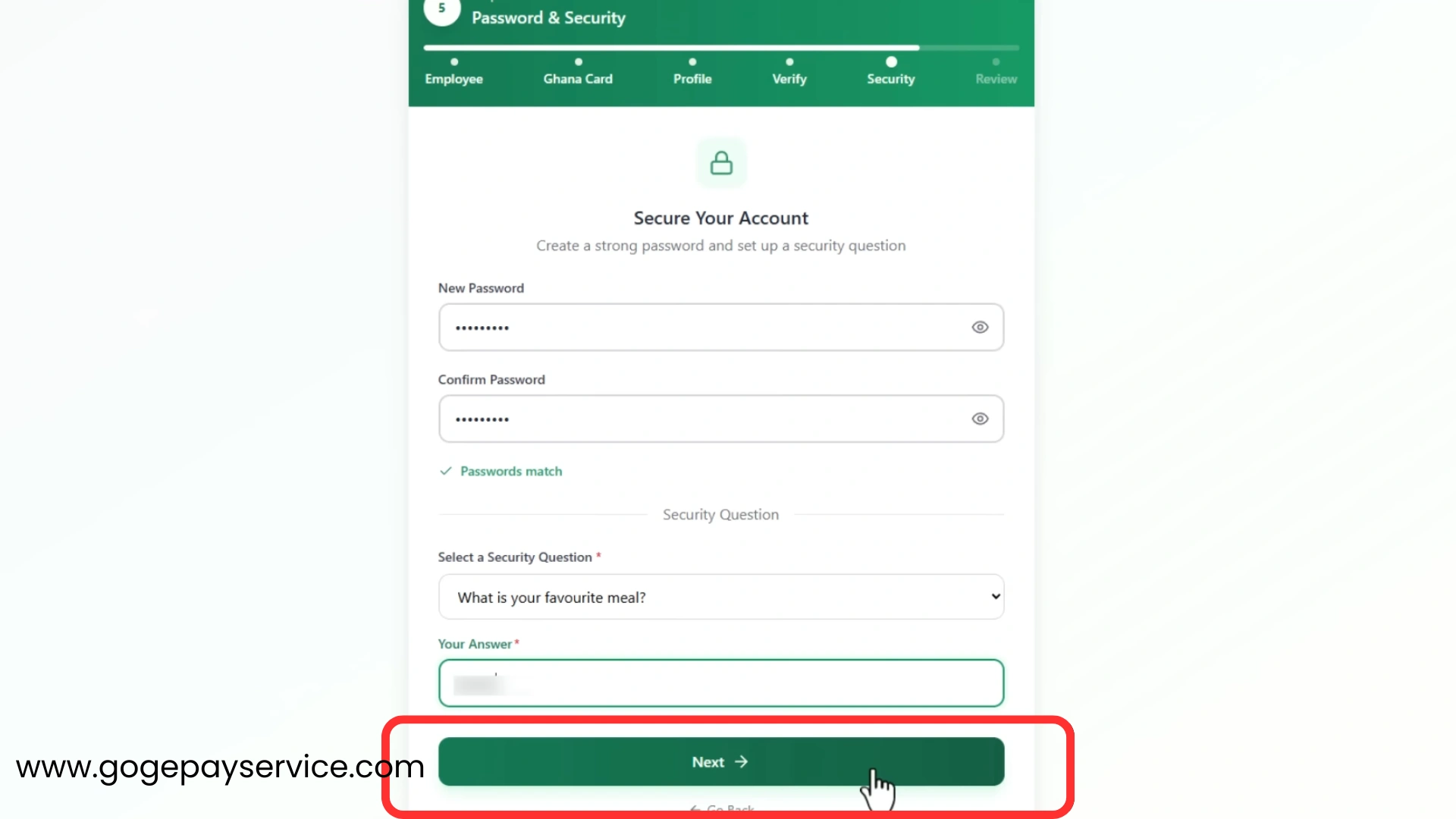 Registration page allowing users to select a security question and answer