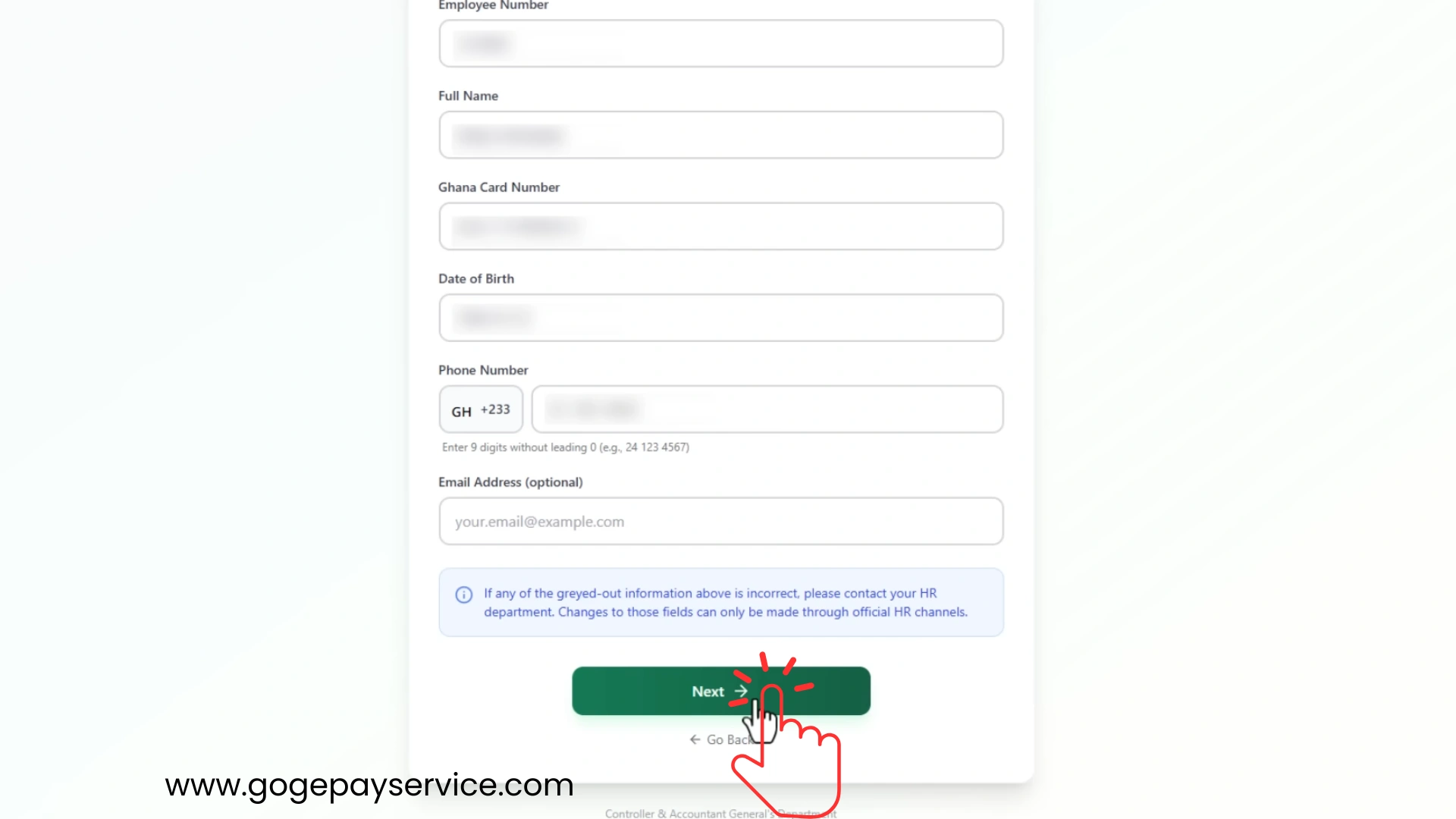 GoG employee portal registration page displaying employee details for review before account creatio