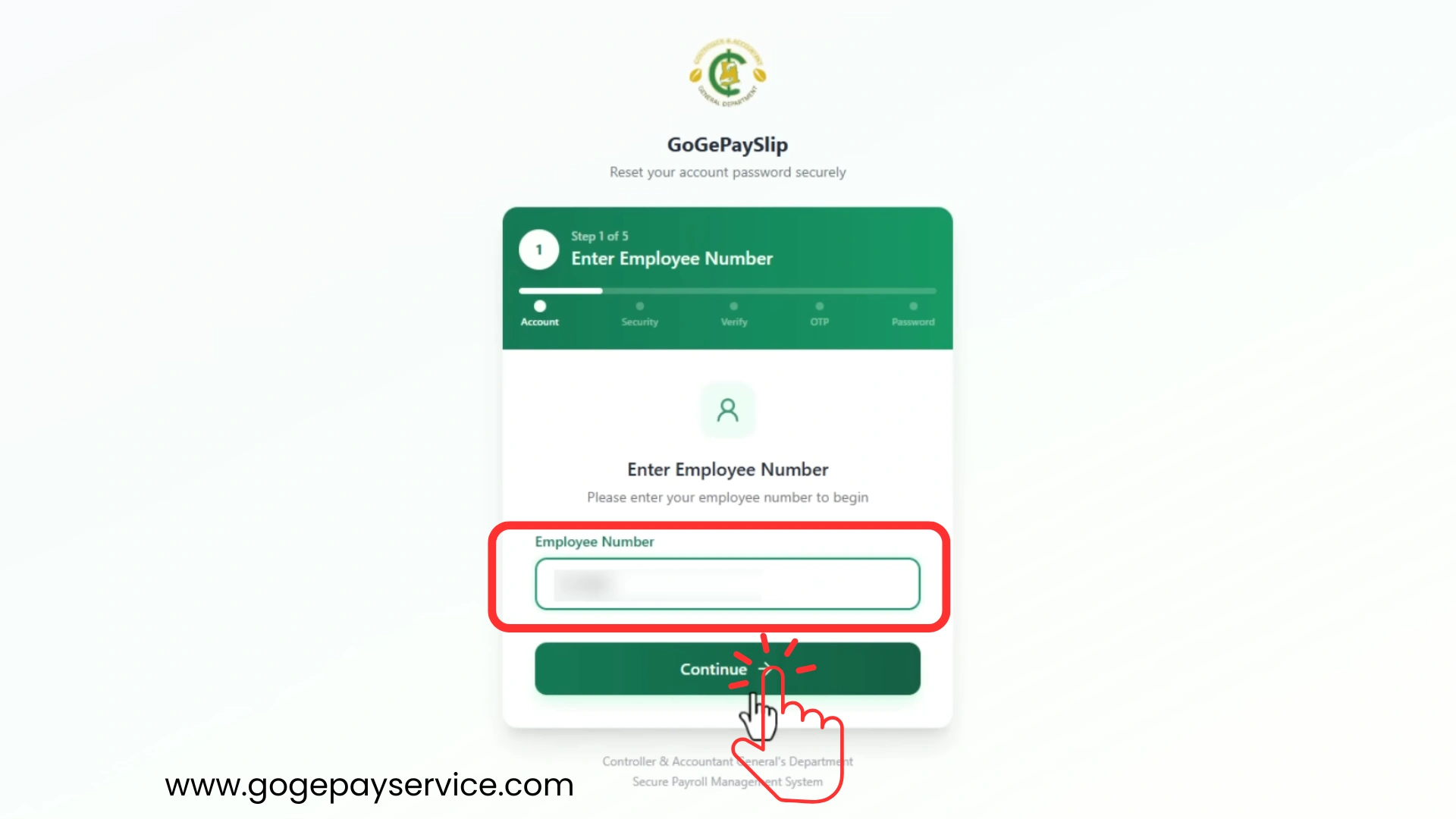 GoGPayslip registration page requesting the employee number for identity verification