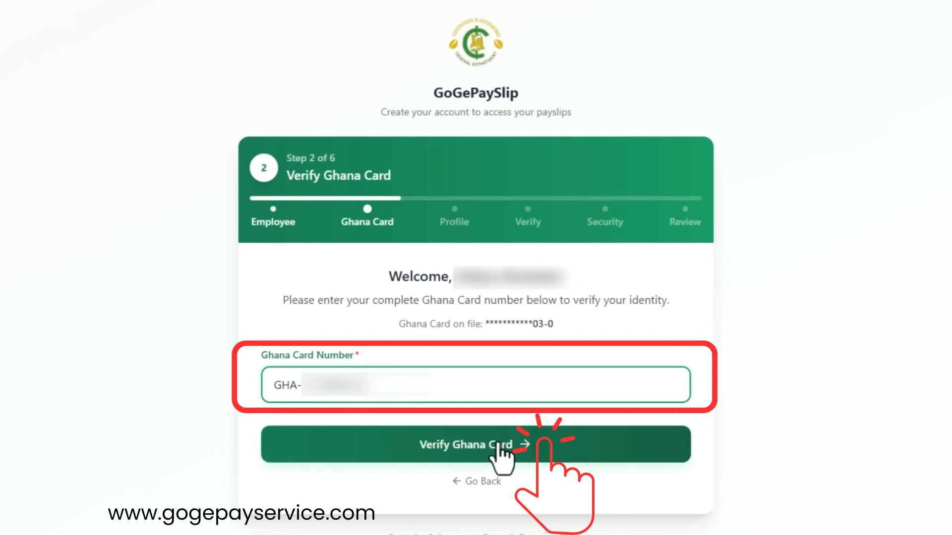 EPayslip portal verification screen asking users to enter their Ghana Card number.