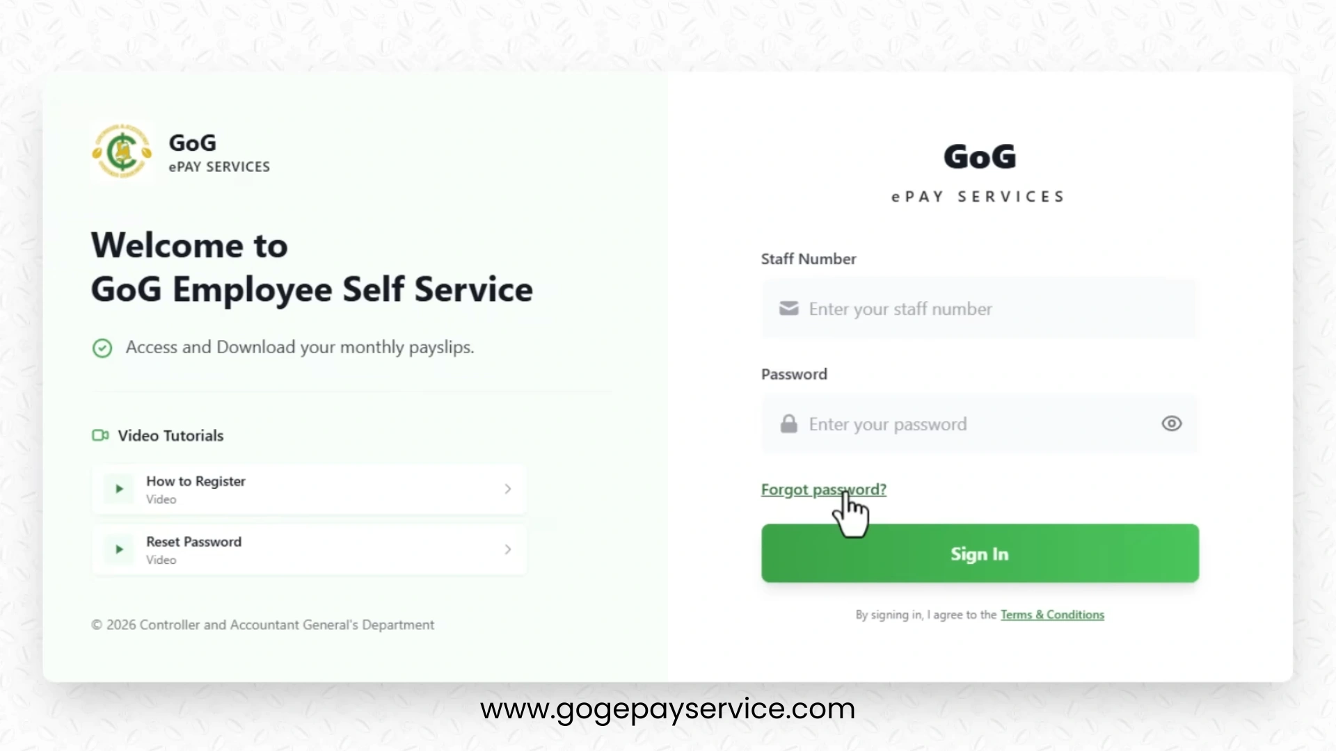 Official GoG EPay Service portal homepage opened in a web browser to begin account registration.