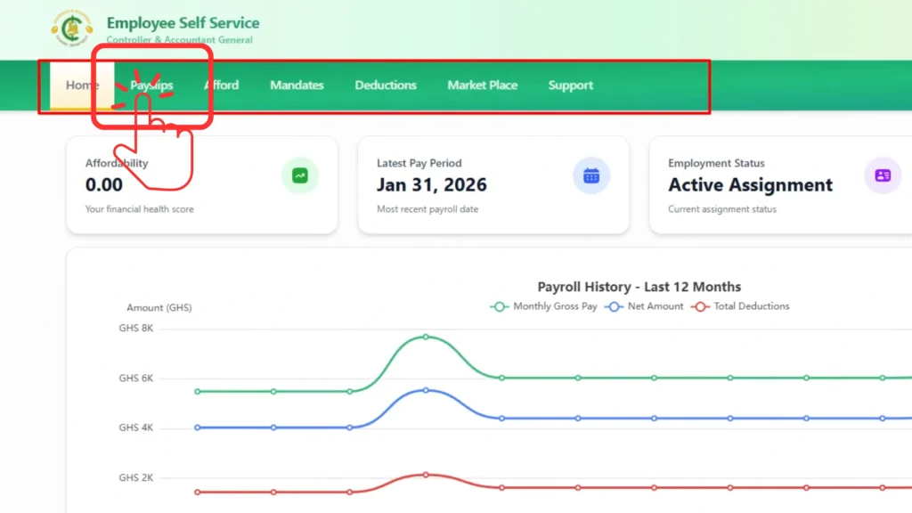 In GoG ePay Services dashboard menu click on Payslip.