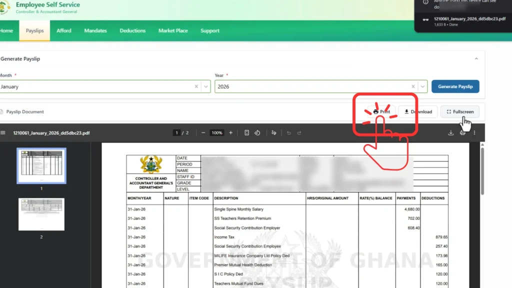 Print option screen for preparing payslip for printing.