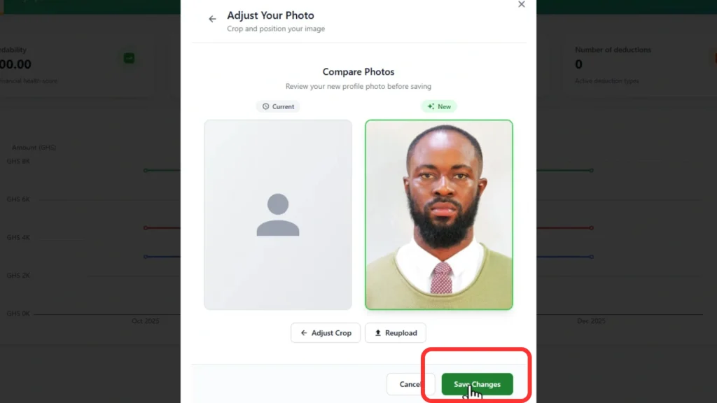 Profile photo preview screen with Save button in GoG EPay Services