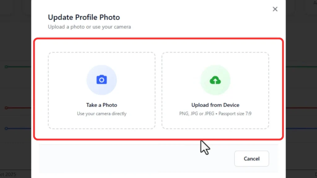 Options to upload an existing photo or take a new profile picture