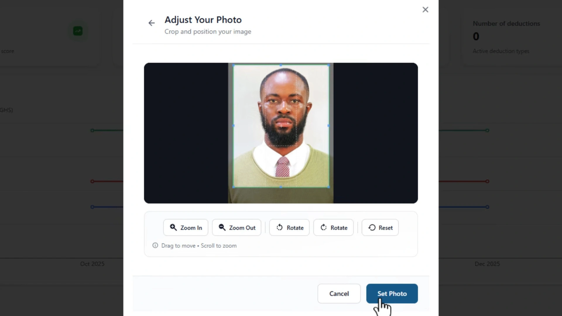 Photo cropping tool used to adjust profile image before upload