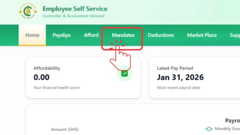 Click mandate on dashboard of gogepayservices