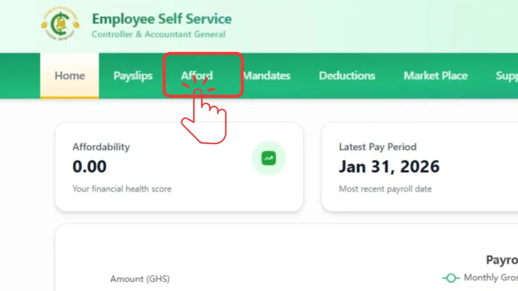 Clicking Afford on dashboard