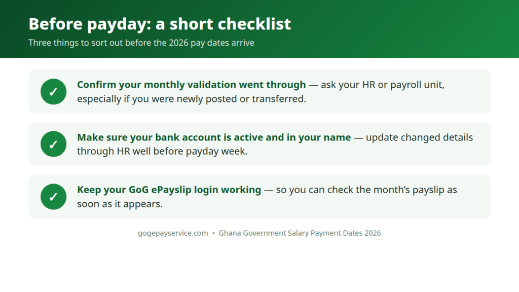 Infographic: before-payday checklist — confirm validation with HR, check your bank account, keep your ePayslip login working